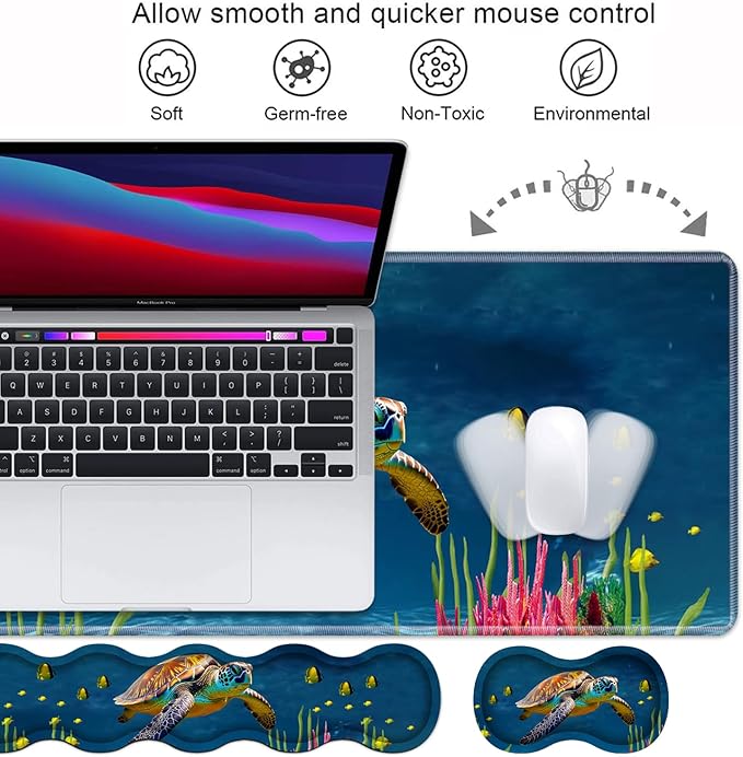 Ergonomic Keyboard Wrist Rest and Mouse Pad Wrist Rest Set, Large XXL Gaming Mousepad 31.5"x 11.8", Memory Foam, Easy Typing Pain Relief, Multifunctional Desk Mat for Office & Home, Sea Turtle
