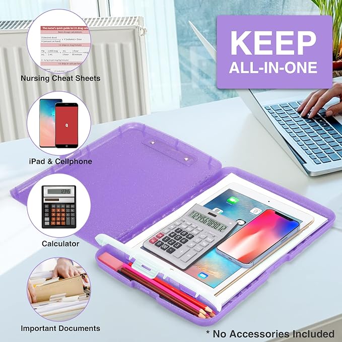 Sooez Glitter Clipboard with Storage, High Capacity Clip Boards 8.5x11 with Pen Holder, Cute Clipboards with Low Profile Clip, Sparkle Plastic Organizer Case Box for Women & Kids, Side Opening