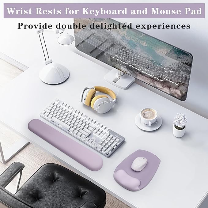 Wrist Rest Support for Mouse Pad and Keyboard Set, Ergonomic Gel Computer Keyboard Wrist Rest with Memory Foam for Long Hours of Work, Gaming, Studying-Relieve Wrist Pain (Purple)