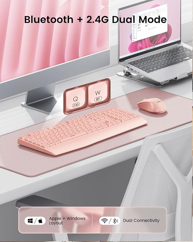 seenda Wireless Bluetooth Keyboard and Mouse Combo, COE200 Ergonomic Wireless Keyboard Mouse with Wrist Rest, Multi-Device Connection, Full-Size, Compatible for Computer/Laptop/Mac/MacBook, Pink