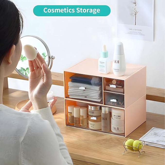 Desk Craft Organizer and Storage with 4 Mixed Drawers, Stackable Plastic Desktop Accessories & Workspace Organizer for Office Stationary, Makeup Skincare, Sanitation Supplies, Pink