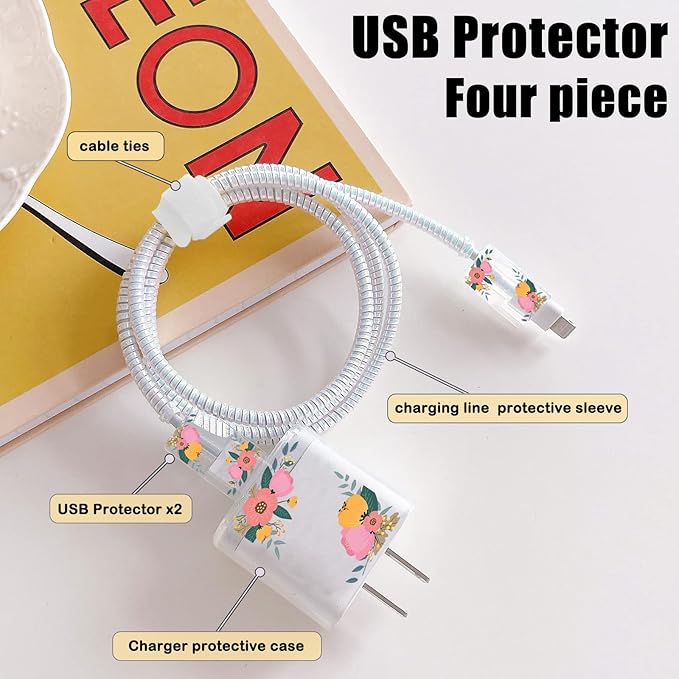 Cute Flower Protectors Cable Protector for iPhone Charger,Kawaii Red Peony Rose Floral Pattern Unique Design Data Cable Phone Charger Cover Data Line Wire Saver for iPhone 13 12 11 14 Pro Max