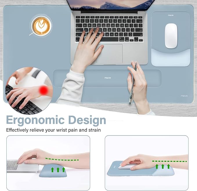 MOSISO Keyboard Mouse Pad Set, Large Gaming Mouse Pad&Rectangular Keyboard Wrist Rest&Mousepad with Wrist Rest&Coaster, Ergonomic Non-Slip&Easy Typing Pad with Curved Silicone Lining, Aquamarine