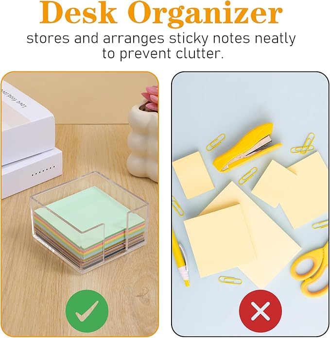 Clear Sticky Note Holder, Sticky Note Dispenser with Non-Slip Pad, Acrylic Desk Accessories, Aesthetic Office Supplies Organizer for Home Office Dorm Room (3.35 × 3.35 × 1.77 Inches)