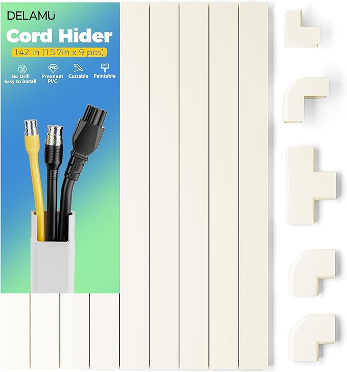 Delamu 142in Beige Cord Hider Cable Hider, Cord Covers for 2-3 Wires on Wall, Premium Wire Hiders Wire Covers for Cords on Wall, Easier Setup TV Cable Cover Management Kit, W0.94 H0.47in, Beige