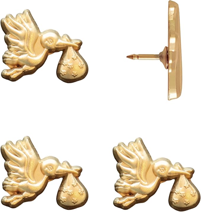 Stork Carrying Baby Map Pins - Gold Stork Pins for Cork Boards, Maps, or Lapel Use - Designed in USA - Set of 4