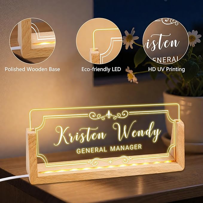 Ships Next Day, Custom Name Plate for Desk - Business Light Up Acrylic Desk Name Plate Personalized Elegant Office Gift for Boss Coworker Teacher Employee Appreciation Gift, Office Decor for Women Men