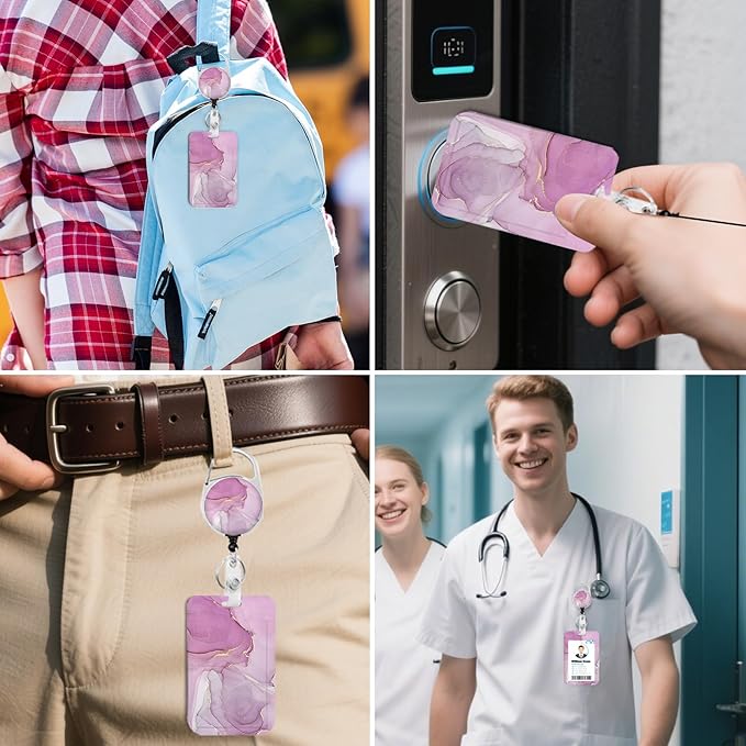 2 Pack Marble ID Badge Holder with Heavy Duty Retractable Reel Keychain for WomenStudents,Teachers, Nurses, Office Use