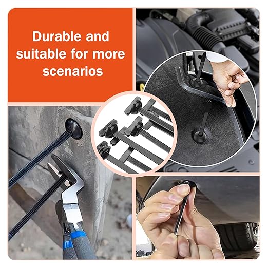 200PC Nylon Universal Cable Tie Buckle for Car Fender Trunk Repair, Automotive Zipper Clips,Heavy Duty Self-Locking zip ties with Pin & Button Design for car repair shop & Garage Use