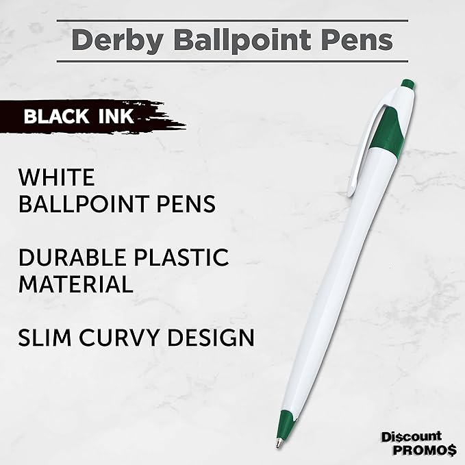 DISCOUNT PROMOS Slim Curvy Ballpoint Pens Set of 10, Bulk Pack - Black Ink, Retractable, Great for Office, School, Tradeshows - Green