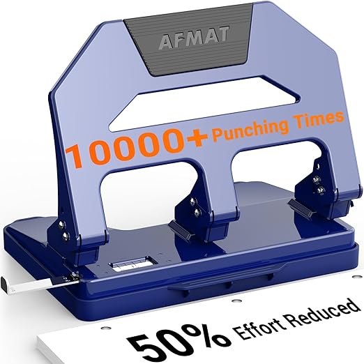 AFMAT 3 Hole Puncher Heavy Duty, 40-Sheet Heavy Duty Three Hole Punch, 50% Reduced Effort Paper Punch, 10K+ Uses, Metal Hole Puncher 3 Ring w/Large Tray, Bulit-in S.S. Paper Guide, Blue