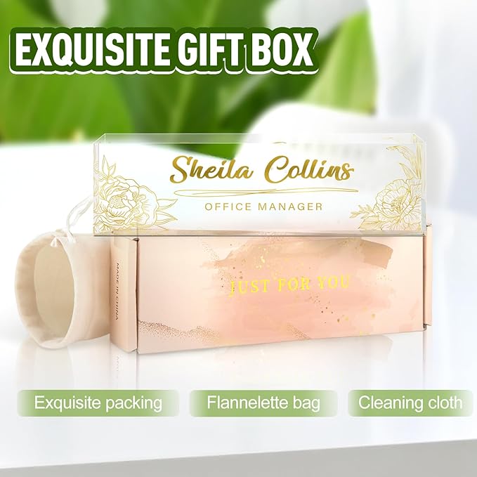 Custom Acrylic Name Plate for Desk, Employee Appreciation Gifts, Office Decor, Personalized with Gold Flowers