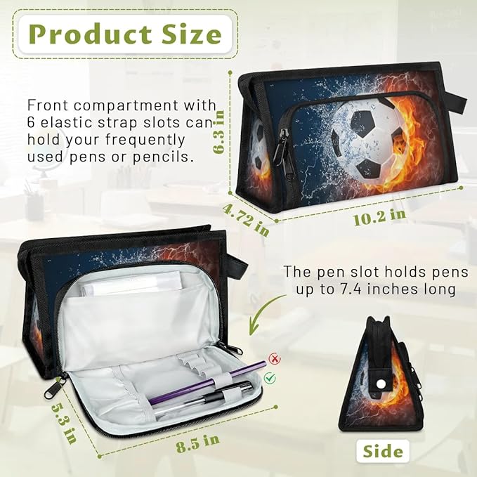 Pardick Large Capacity Pencil Case Pouch, Water Fire Soccer Portable Zipper Pencil Cases Pencil Bag Office Stationery Bag Makeup Bag Desk Organizer for Women Men