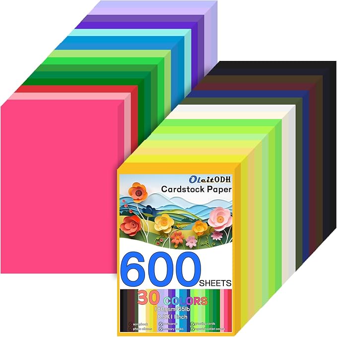 Oleitodh 600 Sheets Colored Paper 30 Colors, 8.5x11 Construction Paper Assorted Colors, 180gsm/65lb colored cardstock for Crafts, Printing, Card Making, Office, Cricut, Scrapbook