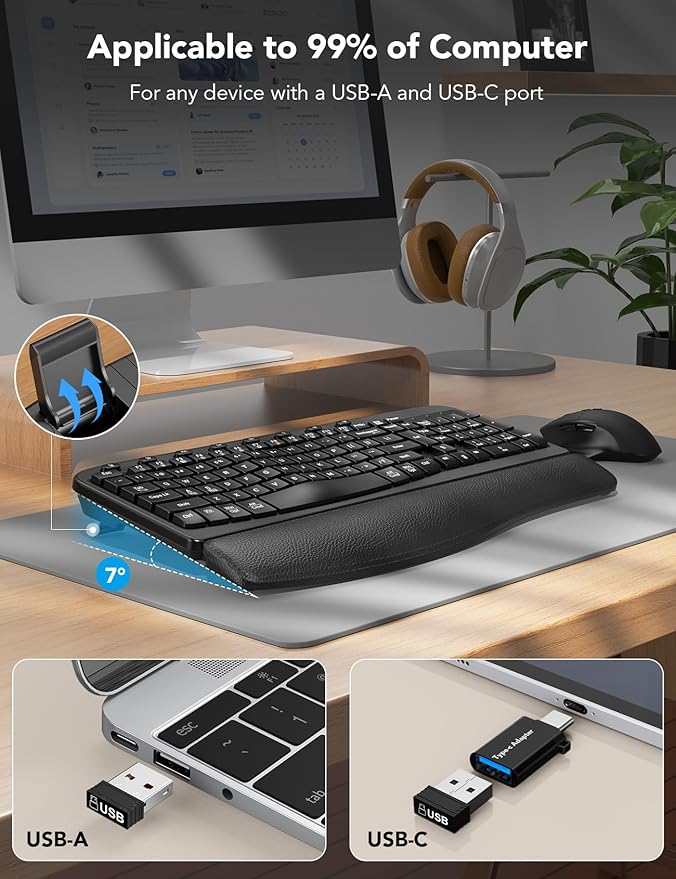 Wireless Keyboard and Mouse Combo – Ergonomic Wave Key, Built-in Leather Soft Palm Rest, 2.4G Full Size, 8 Hotkeys, 6-Button Mouse with 4-Level DPI, Dual USB-A/USB-C, Windows & macOS Compatible