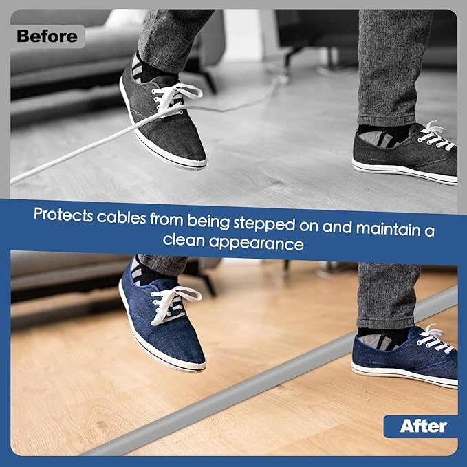 Floor Cord Cover for Wires on Floor Self Adhesive Cord Hider Floor Cable Management Wire Covers for Cords Protector Prevent Cable Trips Cord Cavity W 0.32" x H 0.32", Gray, 20Ft