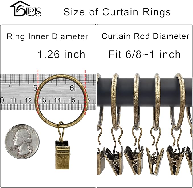LLPJS 40 Pack Curtain Rings with Clips, Curtain Clip Rings Hooks, Bow Hanger Clips for Hanging Drapery Drapes Bows, Ring 1.26 inch Interior Diameter, Fits up to 1" Rod, Bronze