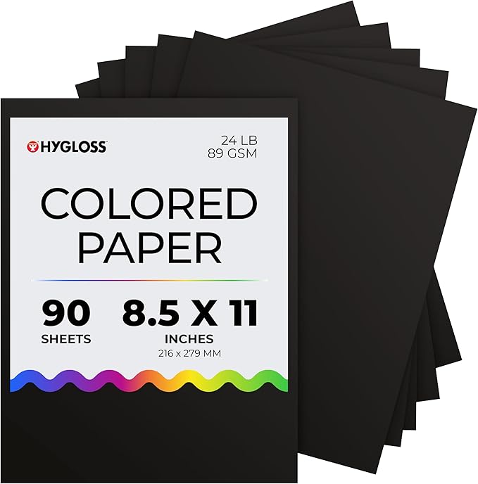 Hygloss Black Paper - 24 lb, 89 GSM, Fade-Resistant, Acid-Free, 8.5x11-Inch Letter Size Color Copy Paper, 90 Sheets