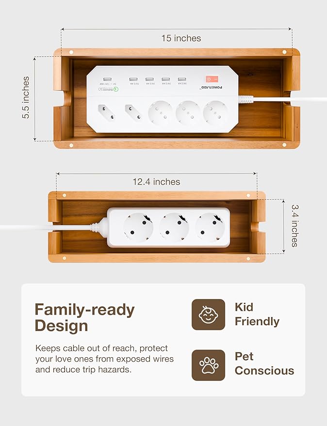 Acacia Large Cable Management Box - Set of 2 Cord Box Hider for Home, Office - Cable Hider Box, Surge Protector Box for TV Wires, Computer - Power Strip Box with 2 Open Slots, Magnetic Lid