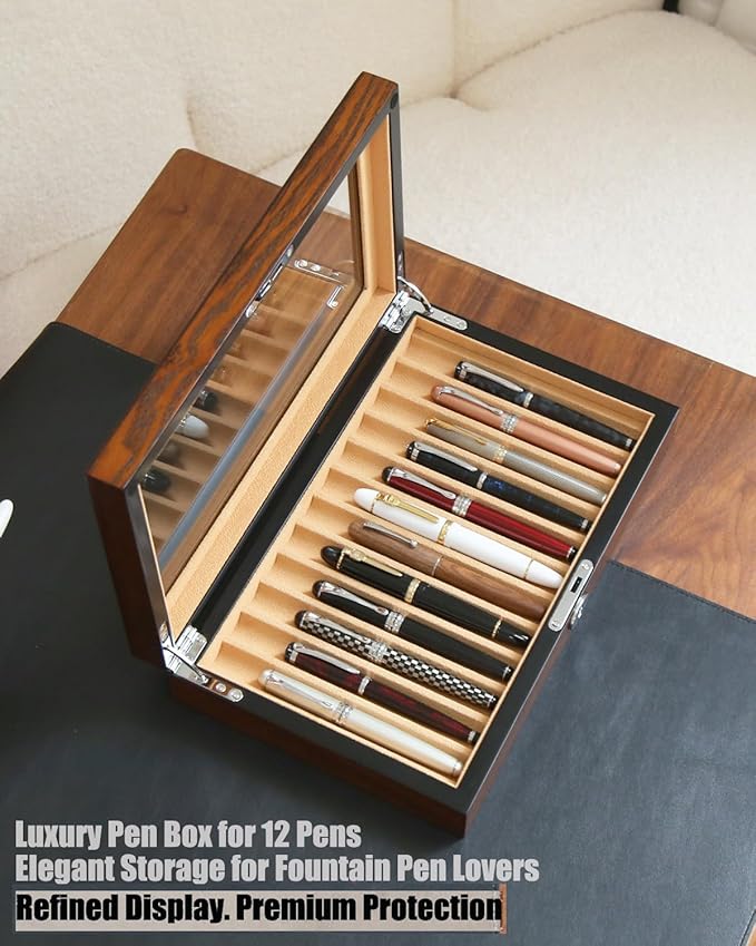 12-Slot Fountain Pen Collector Case – Lockable Wooden Organizer with Glass Display Top, Premium Storage Box for Writing Instruments and Gift for Men