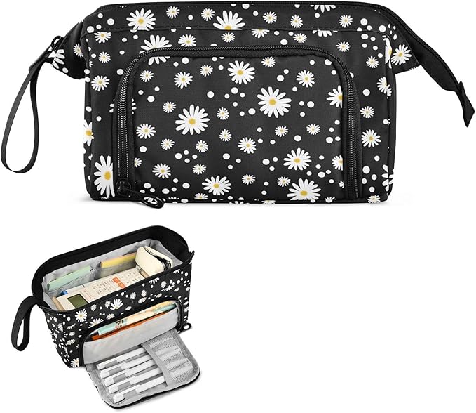 Daisy Black Pencil Case Pouch Big Capacity Pencil Bag Box Organizer Pen Case Pencil Pouch Aesthetic with Handle for Teen Girls Boy College Women School