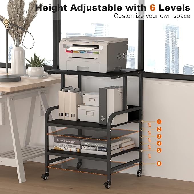 Black Printer Stand, Large Printer Table with Wheels, 32.48 X 22.05 X 18.9 Home Office Rolling Stand with Adjustable Shelf, Heavy Duty Printer Cart for Scanner, Fax, Black Ebony
