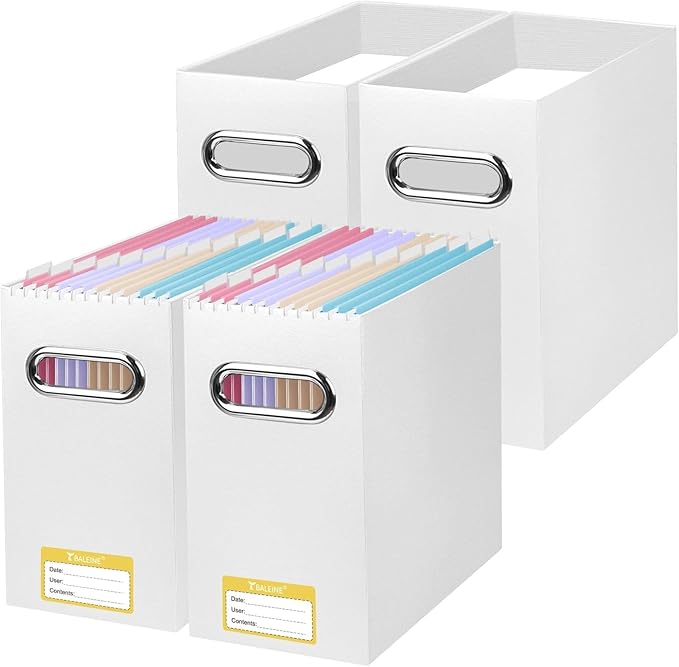 BALEINE File Organizer Box, Cardboard File Folder Organizer with Handle for Letter Size, Portable Collapsible Hanging Filing Box for Home Office Document Storage (4 Pack, White)