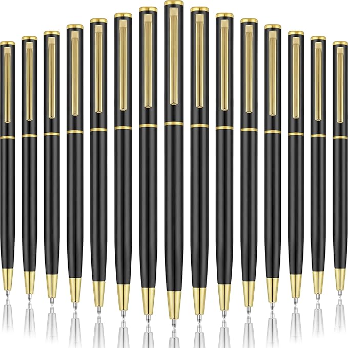 Zonon 15 Pcs Black Gold Metal Slim Ballpoint Pens Bulk Retractable Metallic Black Ink 1 mm Medium Point Smooth Writing Pens for Wedding Business Office Supplies Students Teachers Men Women Present