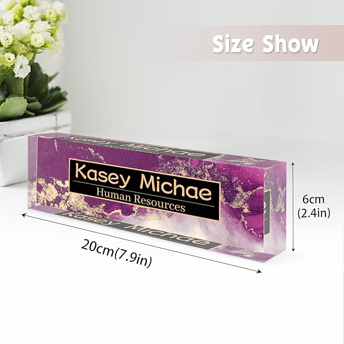 SalaGraphics Desk Name Plate Personalized, Custom for Desk, Office Decor Men, Acrylic Accessories, Gifts Coworkers Boss Teacher, Employee Appreciation (Purple/Gold), 8''(L)x2.5(W)