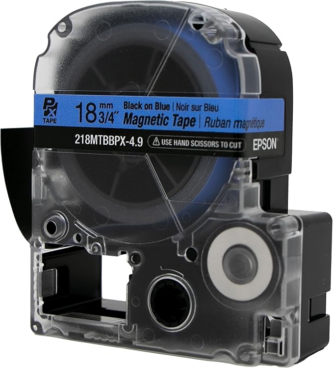 Epson LABELWORKS 218MTBBPX-4.9 Genuine Magnetic Tape Cartridge - Black on Blue Magnet Label Maker Tape - 3/4" (18MM) Wide, 4.9 ft, Blue