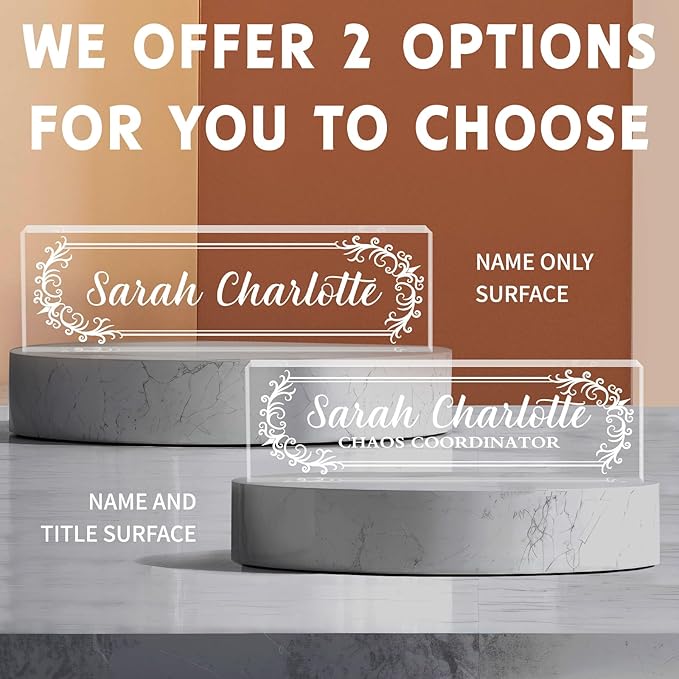 Custom Name Plate for Desk, Personalized Desk Name Plate on Clear Acrylic Glass, Appreciation Gifts for Teacher Employee Boss Coworkers Nurse, Office Desktop Accessories for Women Men (Engraved Thorn)