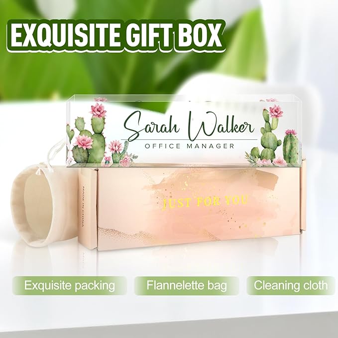 Custom Name Plate for Desk - Desk Name Plate Personalized - Office Desk Accessories - Employee Teacher Appreciation Gifts for Coworkers - Acrylic Cactus Office Desk Decor - Office Gifts for Women Men