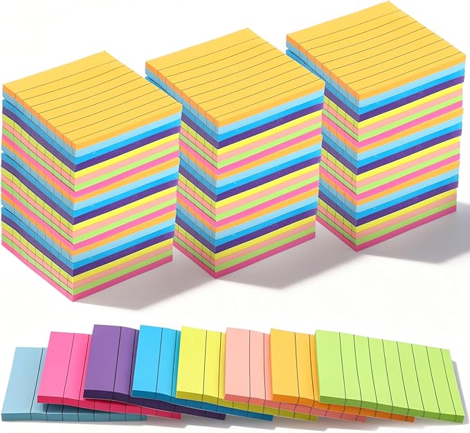72 Pack Lined Sticky Notes 3x3 in Bright Ruled Post Stickies Colorful Super Sticking Ruled Stickies Multi Colors Sticky Notes with Lines Self-Stick Note Pads Bright Colors for School Office Meeting