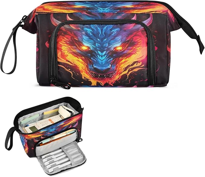 Dragon Fire Pencil Case Pouch Big Capacity Pencil Bag Box Organizer Pen Case with Handle Stationery Organizer for Girls Boys Women Kids Adults School