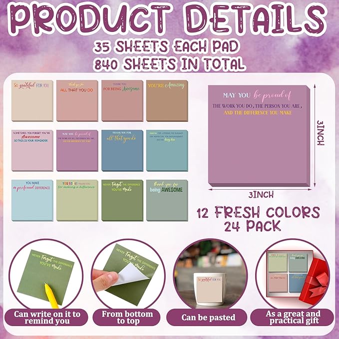 Yinder 24 Pcs Employee Appreciation Sticky Notes New Year Gift Bulk Motivation Sticky Note Pads Inspirational Gift for Teacher Nurse Staff Coworker Office Supply 3 x 3'' (Appreciation,Classic)