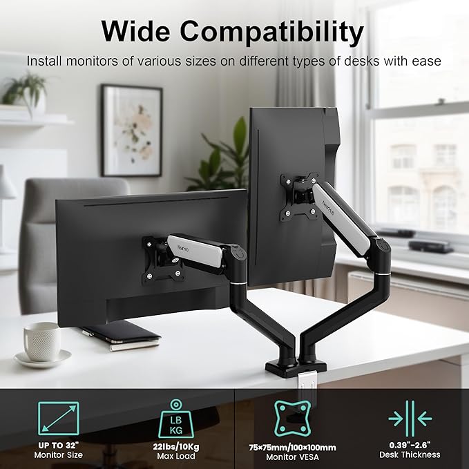 NearHub Dual Monitor Desk Mount for 13-32" Computer Screen,Adjustable Gas Spring Monitor Arm,Each Arm Holds 4.4 to 22 lbs,Swivel/Tilt/Rotation,VESA 75X75mm 100X100mm,C Clamp & Grommet Mounting Base