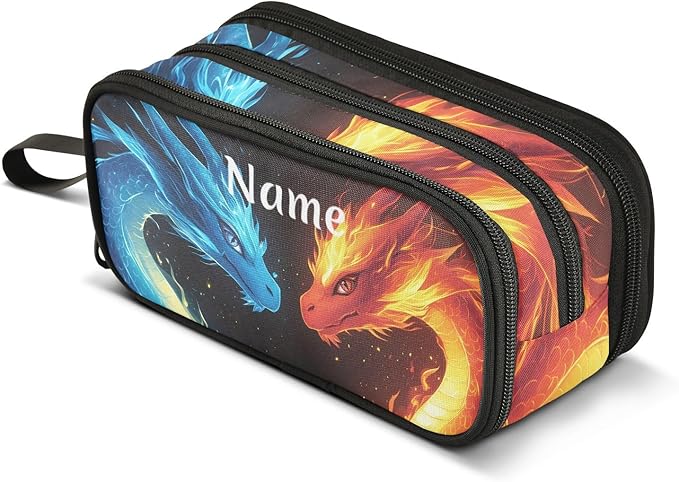 Custom Dragons Red Blue Fire Eyes Pencil Case Box Boys Girls Personalized Name Large Pencil Pouch Stationery Pen Bag Organizer for Kids Adults School Office