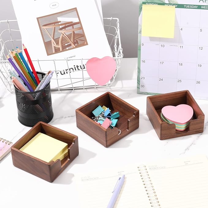 Bamber Sticky Note Holder Cute for Desk Walnut Wood Notepad Holder Organizer for Office School Home, Pack of 2