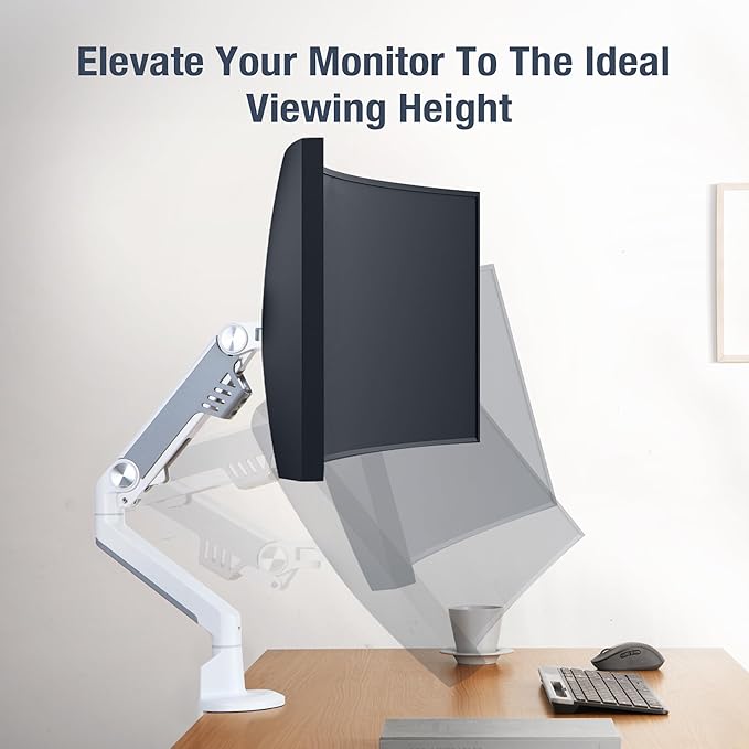 AVLT Single 13"-38" Monitor Arm Desk Mount fits One Flat/Curved/Ultrawide Screen Full Motion Height Swivel Tilt Rotation Adjustable Arm - VESA/C-Clamp/Cable Management - White