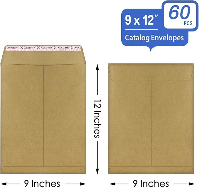 Xxcxpark 60 PCS 9x12 inches Security Catalog Envelopes Printable Self Seal Envelopes, Anti Tear Recycled Kraft Envelopes for Invitation Cards, Pictures, Photos, Documents
