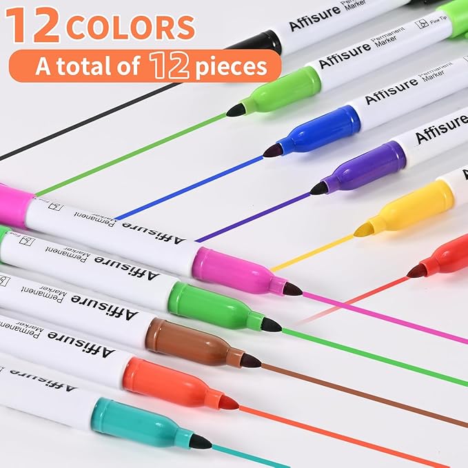 Affisure Permanent Markers Assorted Colors Set, 12 Colored Markers 12 Pack, Fine Point，Works on Wood, Plastic, Metal, and More, for Adults, Artist, Teacher, Kids