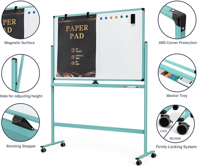 Large Dry-Erase Rolling Magnetic Whiteboard - 48 x 32 Inches Dry Erase Board with Stand Height Adjust Double Sides Mobile White Board Easel on Wheels with 25 Sheets Paper Pad Office, Home & Classroom