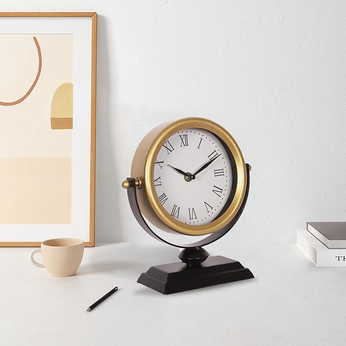 Desk Clock - Classic Vintage Clock and Decorative Shelf Decor,Silent Non-Ticking Clock with Distressed Metal Frame for Office, Living Room or Bedroom