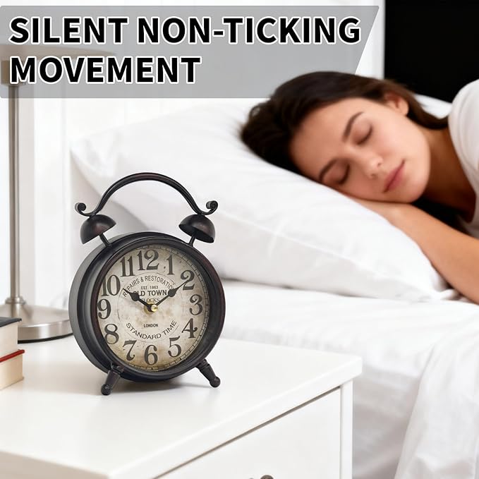 Vintage Dark Brown Desk Clock, Decorative Table Clock with Bell Top, Silent Non-Ticking Mantel Clock for Living Room or Bedroom, Wood Dial, Battery Operated