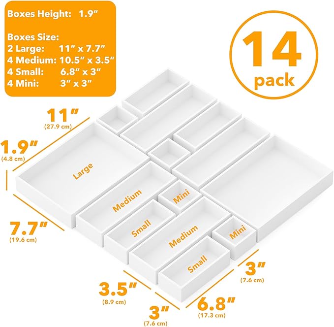SpaceAid 14-Piece Bamboo Drawer Organizer Storage Boxes Set, Wood Tray Junk Drawer Organizers Multi-Use Divider Bins for Kitchen, Bathroom, Office Desk and Makeup Organization (14 Pack, White)