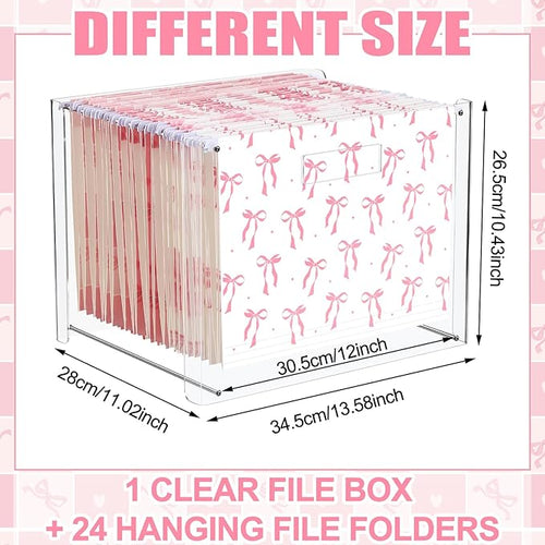 24 Hanging File Folder with Acrylic Organizer for Letter/a4 Size Desktop Clear File Storage Box with Handles for Home Work Office Use(Pink,Bow)