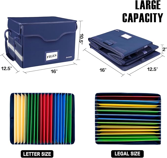 DocSafe Fireproof Document Box with Lock,File Storage Organizer with Pockets,Collapsible Portable File Box Home Office Safe Filing Cabinet with Handle for Hanging Letter/Legal Folders,Blue,2 Pack