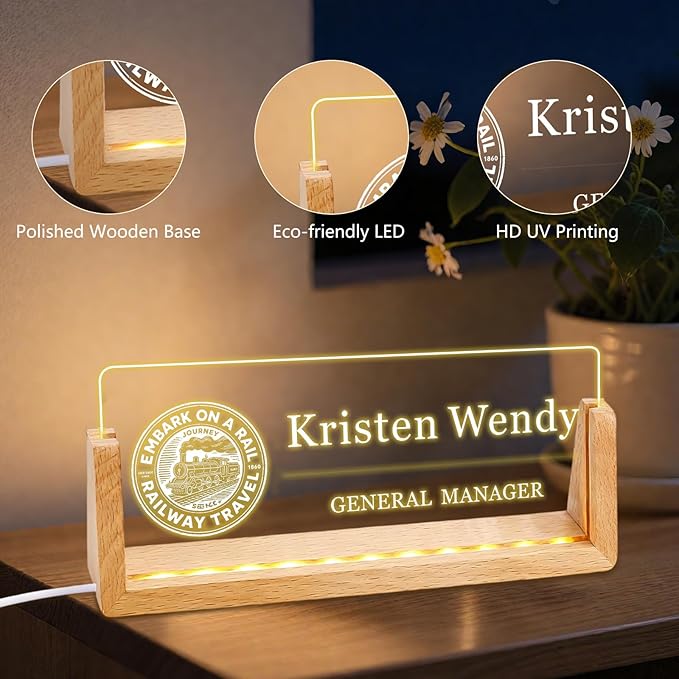 Ships Next Day, Custom Logo Name Plate for Desk - Business Light Up Acrylic Desk Name Plate Personalized Elegant Office Gifts for Boss Coworker Employee Appreciation Gifts, Office Decor for Women Men