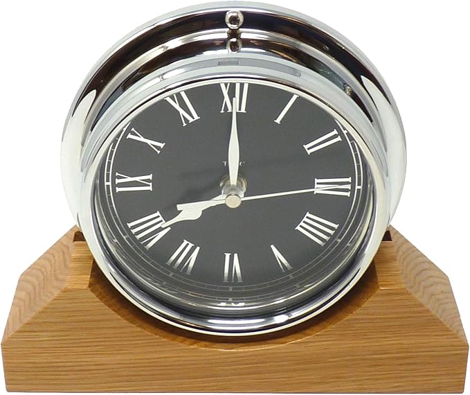 Handmade Prestige Roman Clock in Chrome Mounted on an English Oak Mantel/Display Mount, 21.5cm x 7.5cm