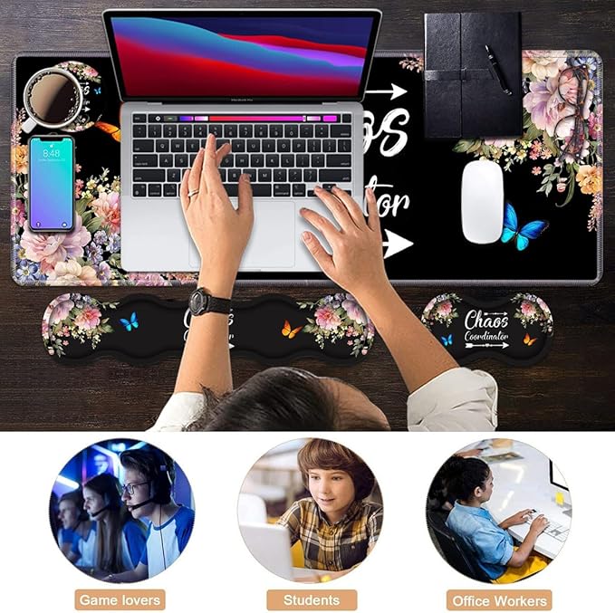 Ergonomic Keyboard Wrist Rest & Mouse Pad Wrist Rest Set, 31.5"x 11.8" Large XXL Gaming Desk Pad Memory Foam Non-Slip Desk Mat for Office & Home, Vintage Watercolor Floral Quote Chaos Coordinator